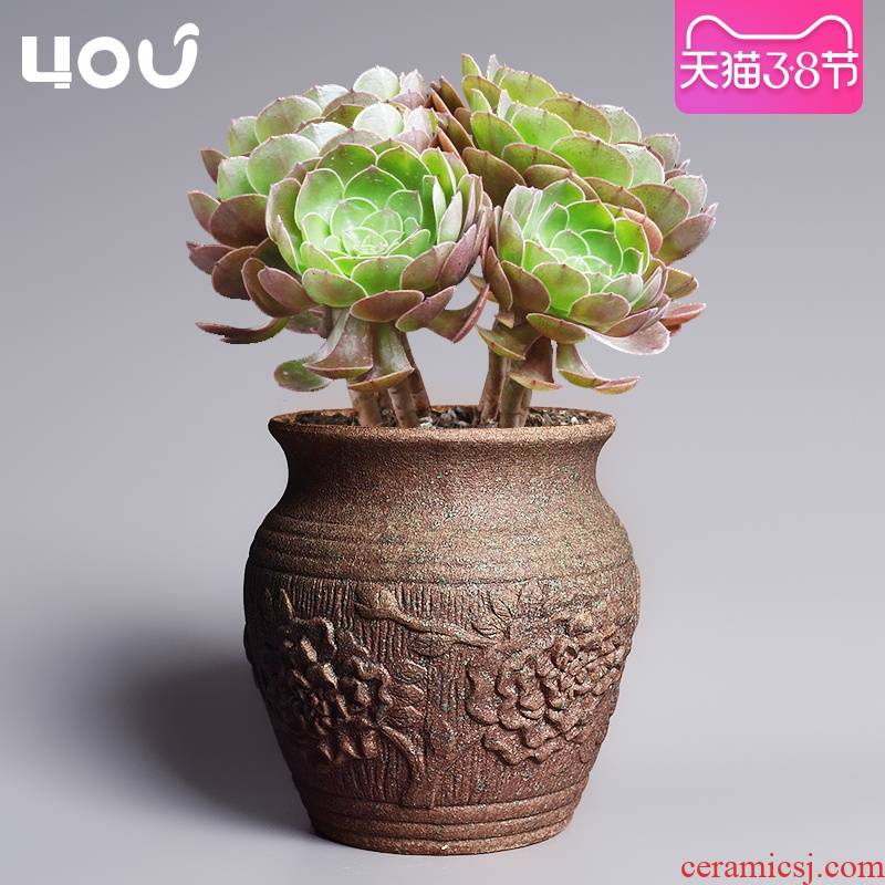 Retro coarse pottery flowerpot more meat ceramic breathable old green plant special money plant bracketplant potted butterfly orchid flower POTS