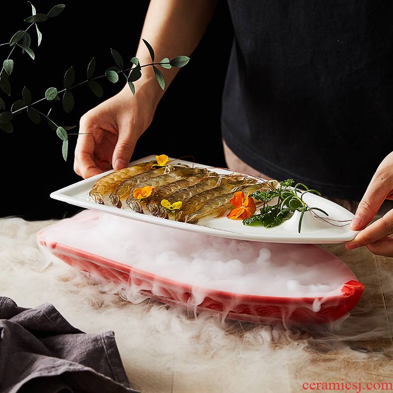 Dry ice creative move ceramic tableware boat type Dry ice spray tray hotel restaurant cuisine molecular tableware artistic conception