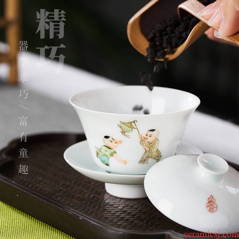 Rock sound tong qu trumpet tea tureen pastel hand - made three cups tureen jingdezhen high temperature ceramic tea set