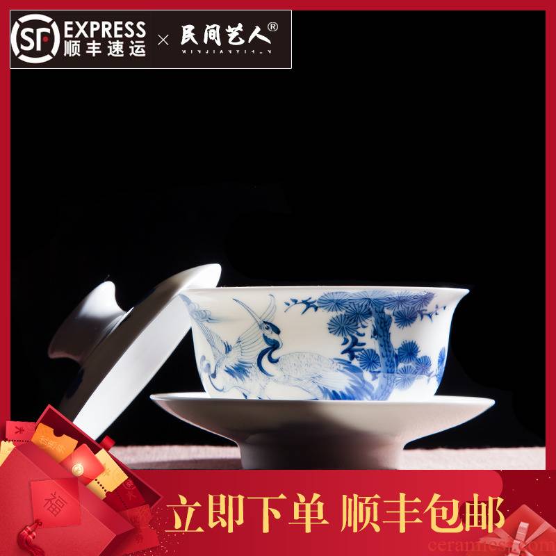 Jingdezhen ceramic manual only three bowl under the glaze color hand - made tureen hand grasp of blue and white porcelain bowl and tea cups
