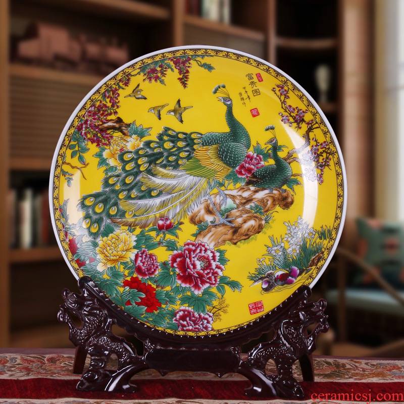 Jingdezhen ceramics yellow peacock peony hang dish decorative plate modern household adornment handicraft furnishing articles