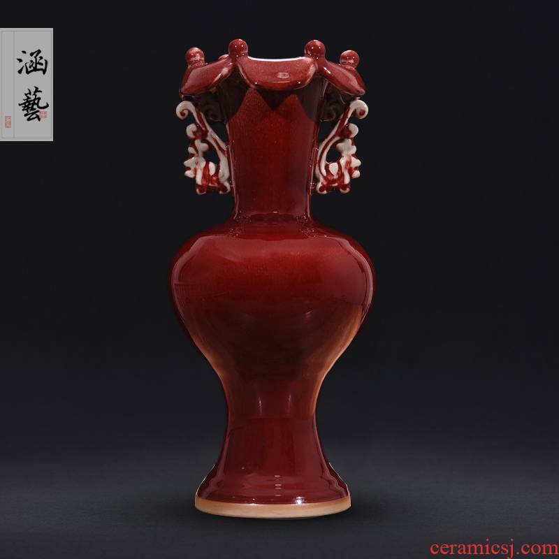 Jingdezhen ceramics lang red glaze up ears vases, new Chinese style household act the role ofing is tasted sitting room adornment is placed the process