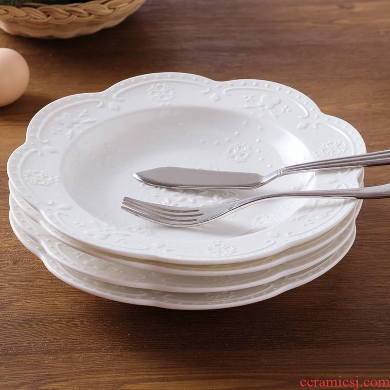 Ideas of pure white household relief new ipads porcelain tableware round plate plate steamed soup plate ceramic plate