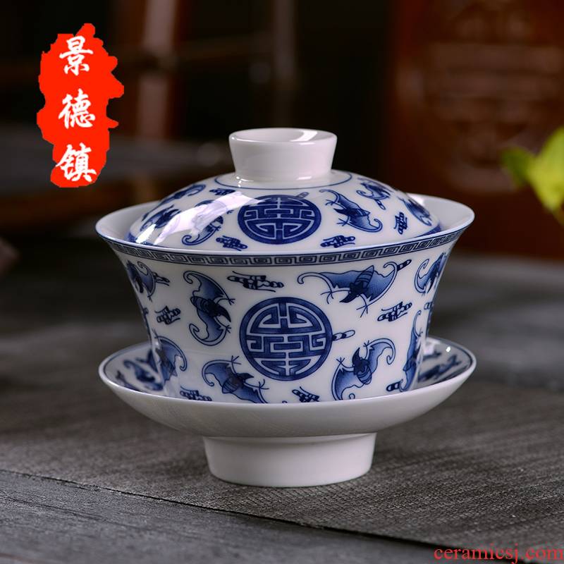Ceramic tureen jingdezhen blue and white porcelain bowl with large thin foetus tea bowl three cups to worship the bowl bowl hand grasp pot