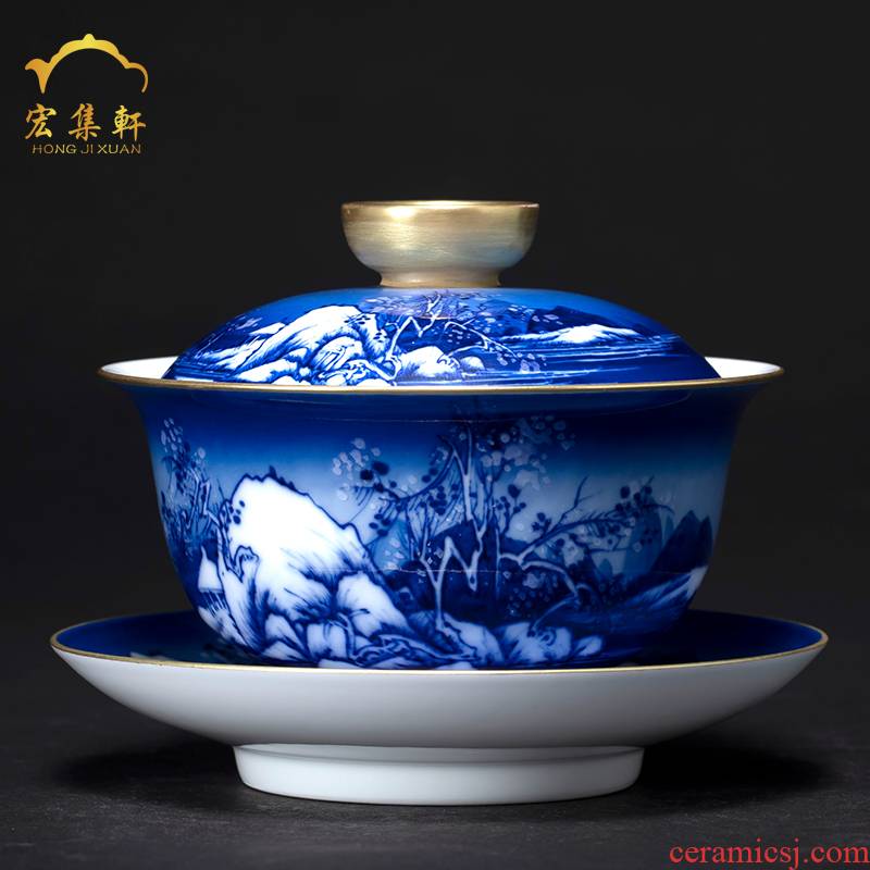 Jingdezhen blue and white landscape tureen tea kungfu tea tureen hand - made large bowl tea bowl of snow