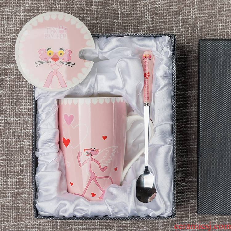 Creative super of ceramic keller cup han edition tide female students pink panther coffee cup couples cup with a spoon