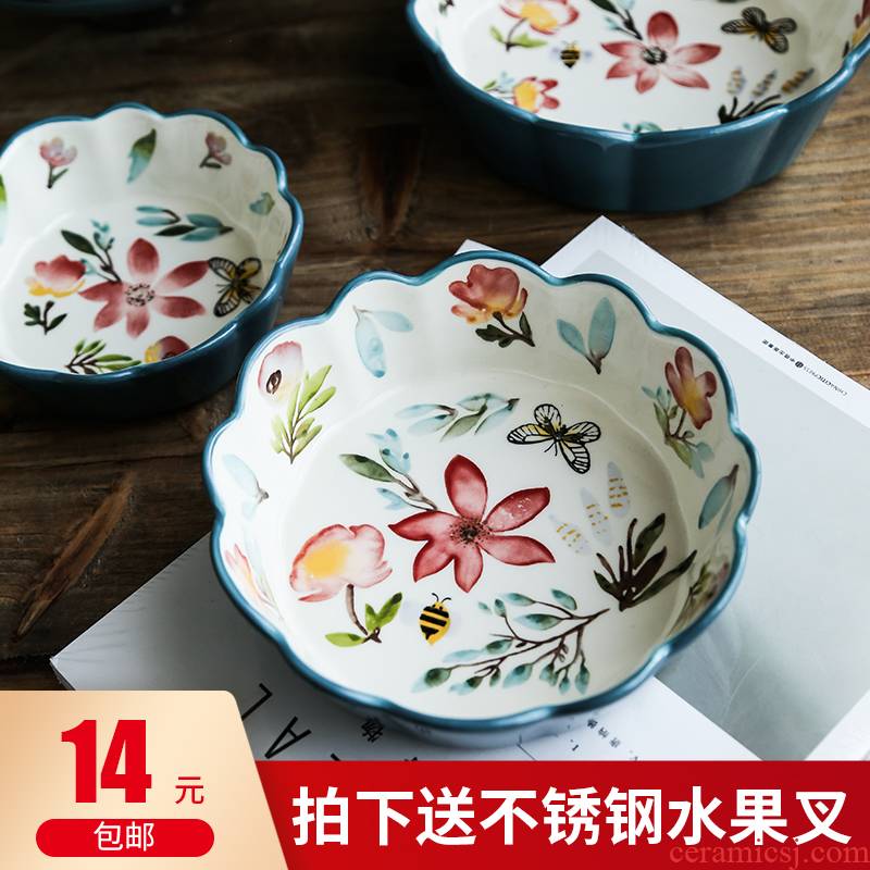 Northern wind Japanese creative household ceramic bowl dish hand - made vintage lace bowl bowl dessert fruit bowl compote