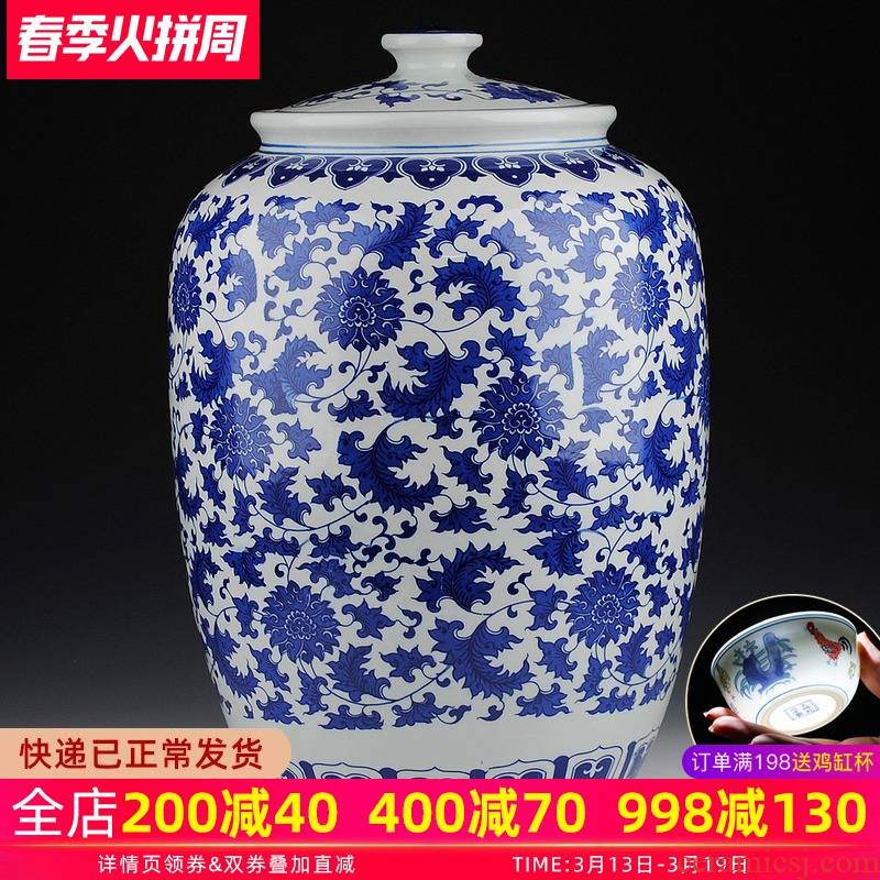 Blue and white porcelain of jingdezhen ceramics general tank size large barrel ricer box storage jar with cover pickle jar