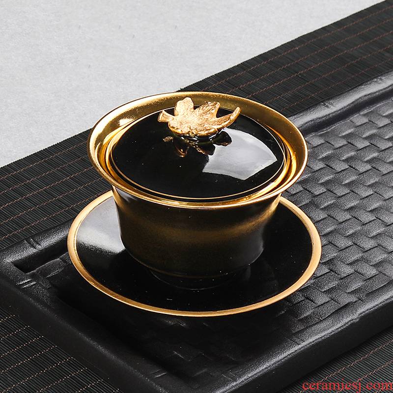 Tureen large cups of pure gold silver 999 kung fu tea set of household ceramic teapot tea bowl three bowls