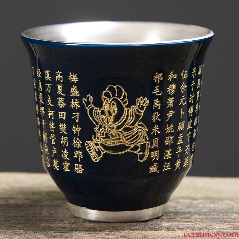 Silver cup Silver 999 kung fu master cup single cup pure manual coppering. As Silver cup ceramic light blue and white tea cup