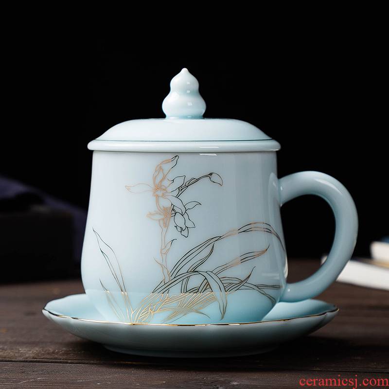 Creative Chinese wind ceramic cups with cover with dish make tea cup office tea mugs can be customized