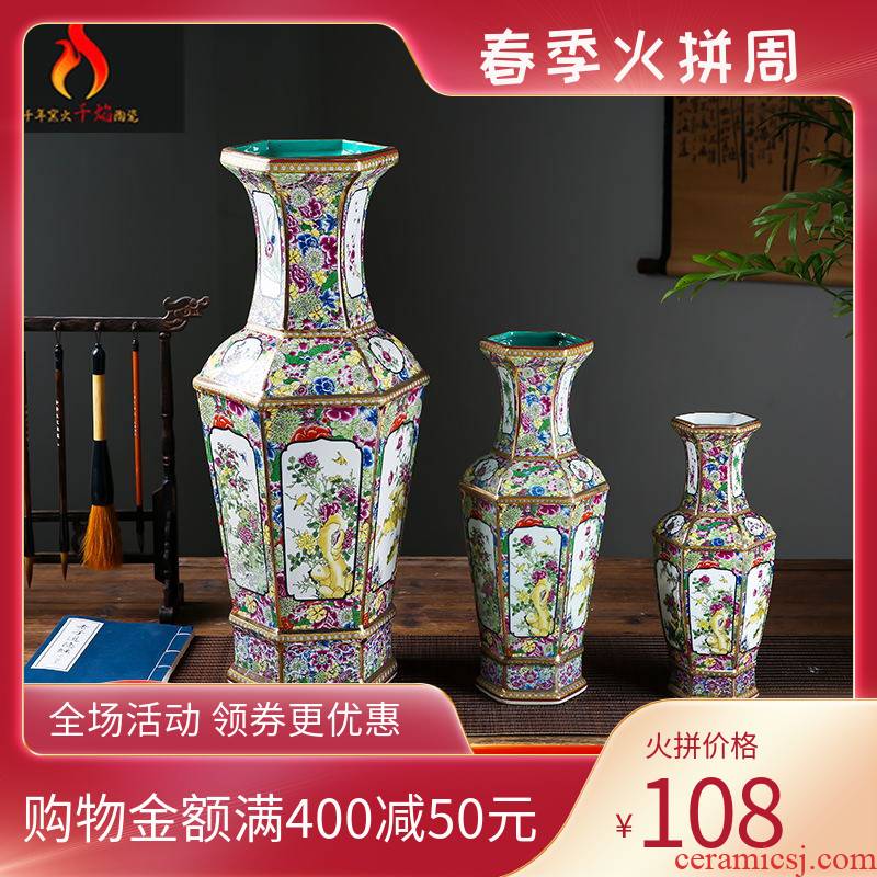 Jingdezhen ceramics vase archaize colored enamel six surface edge household adornment flower arranging furnishing articles of Chinese style restoring ancient ways