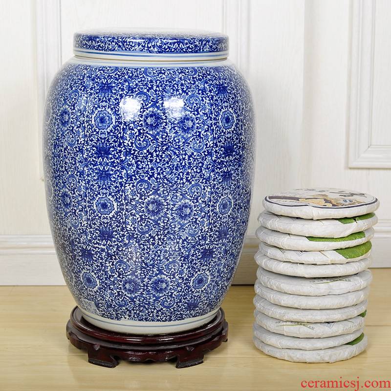 Blue and white porcelain tea pot ceramic 6 jins the packed seal pot of bread seven puer tea bucket of large storage tanks to wake tea