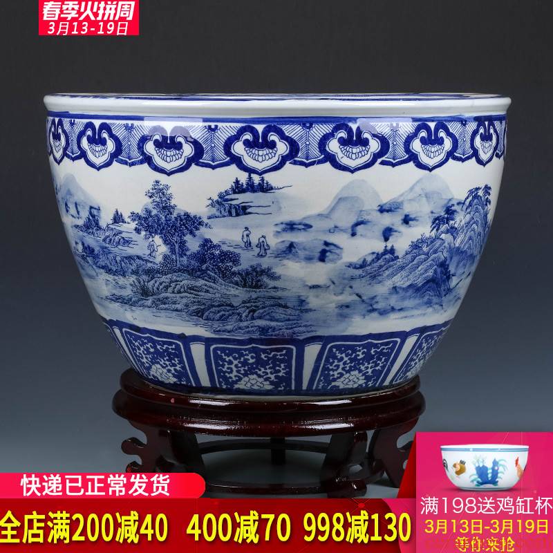 Blue and white porcelain of jingdezhen ceramics goldfish bowl is suing garden landscape ground large water lily lotus feng shui furnishing articles