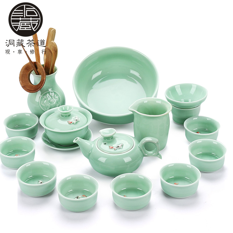 In building contracted celadon kung fu tea set household small carp to use ceramic cups lid bowl of tea cups