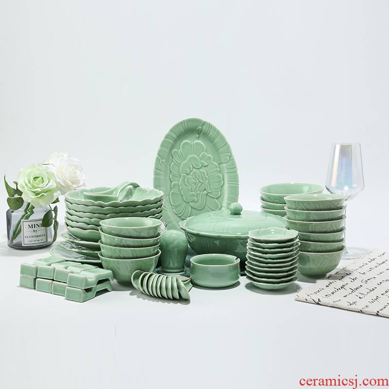 Household of Chinese style of longquan celadon peony bowl bowl combination suit dishes suit soup spoon plate ceramic bowl