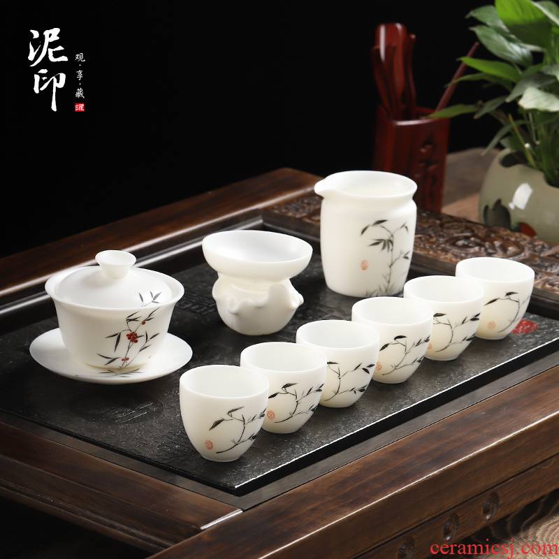 Mud seal tea set home sitting room of I and contracted kung fu tea six dehua white porcelain hand - made kunfu tea