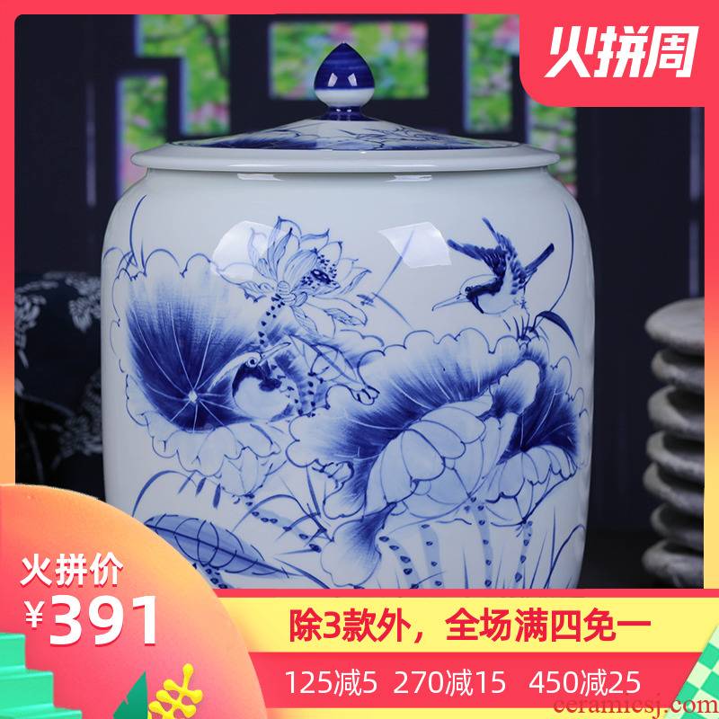 Jingdezhen ceramic hand - made caddy fixings large blue and white lotus tea cake tin puer tea cylinder ten loaves of bread