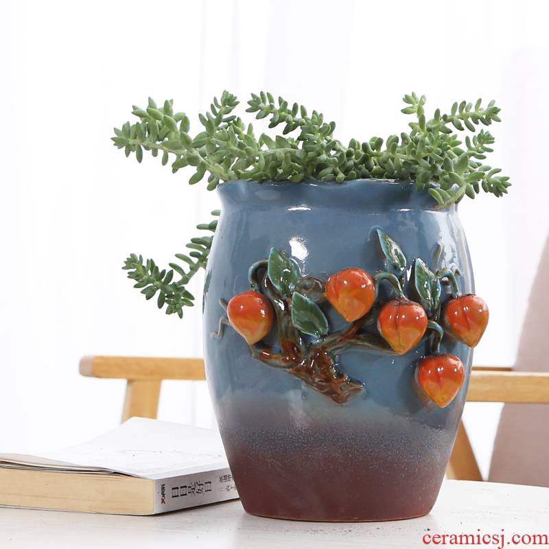 Fleshy flowerpot violet arenaceous creative high running with large old scene hand knead coarse pottery breathable mage, dried flowers all over the sky star vase