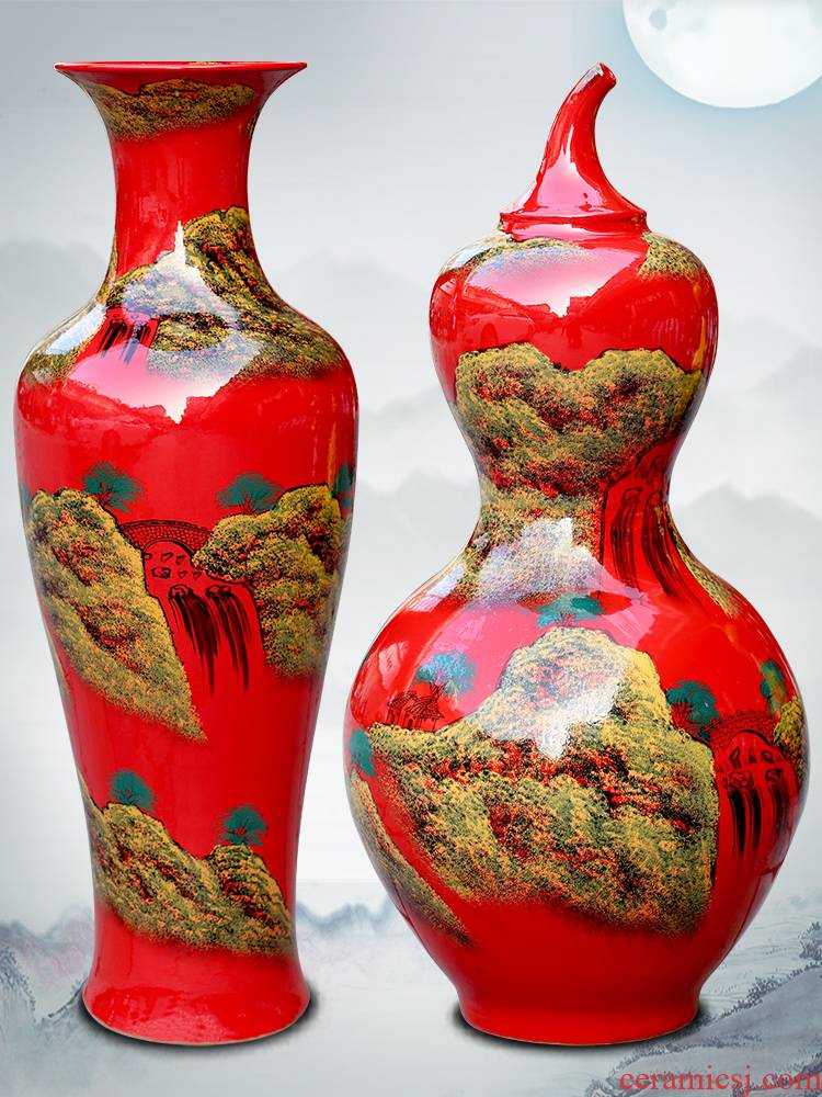 Jingdezhen ceramics high temperature hand - made China red landing big gourd vases landscape painting porcelain decorative furnishing articles