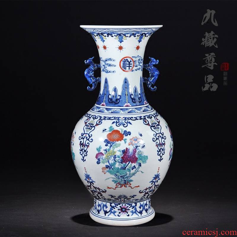 About Nine sect Buddha tasted jingdezhen blue and white color bucket ears panlong hand - made ceramics vase handicraft furnishing articles in the living room
