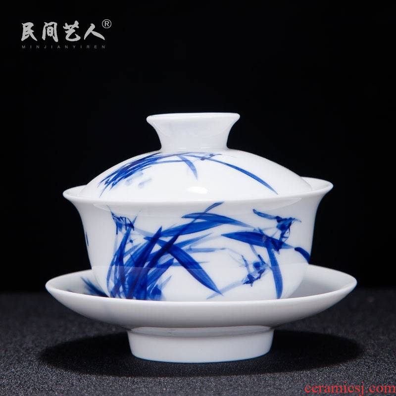 Jingdezhen ceramic hand - made tureen kung fu tea set manually thin body worship of blue and white porcelain bowl with only three cups of tea bowl