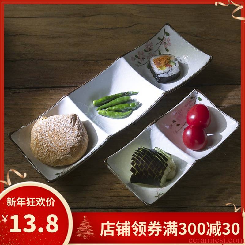 The wind And snow of the four seasons under the glaze color cherry blossom put three small taste disc ceramic double frames flavour sauce dish dish cooking two disc