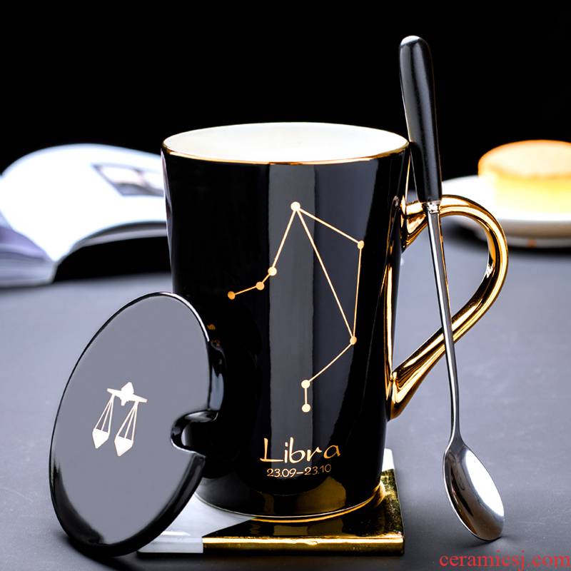 Creative constellation glass ceramic cup couples contracted mark cup coffee cup with cover spoon move can be a pair of cups