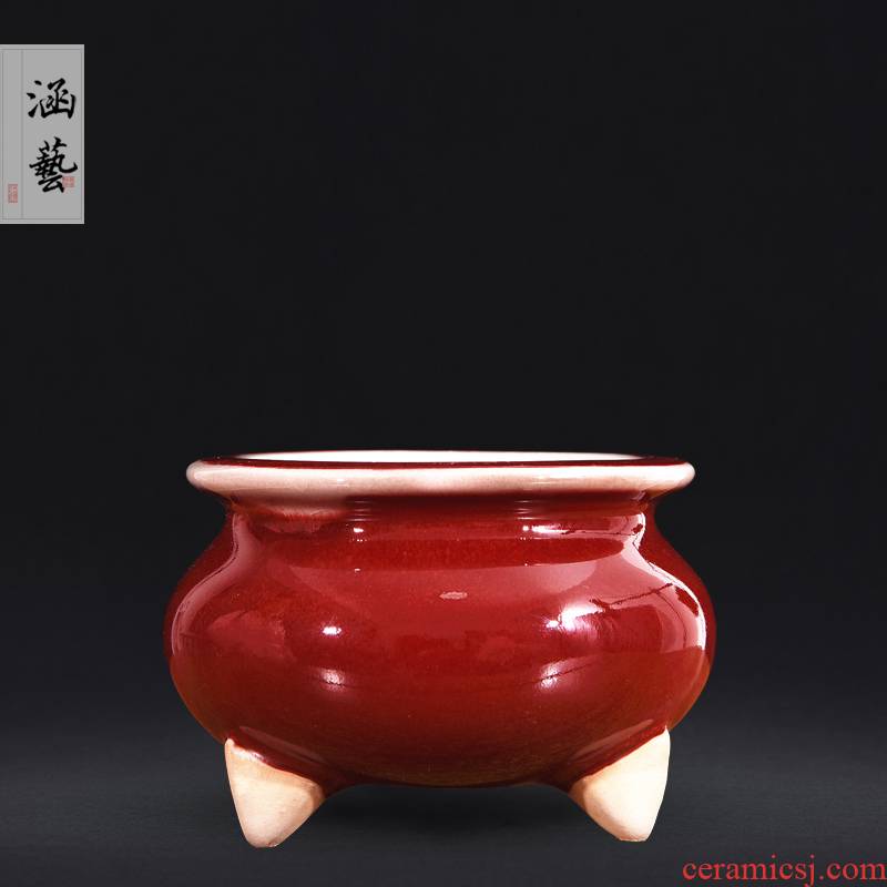 Jun porcelain of jingdezhen ceramics antique ruby red glaze three feet small censer ta joss stick inserted zen aroma stove