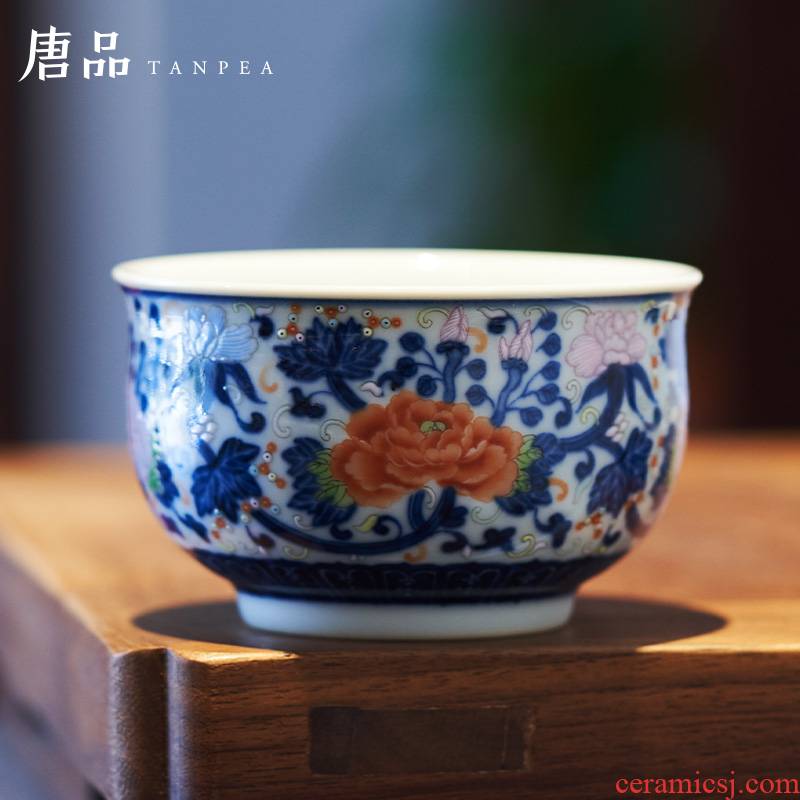 The Bucket color blue and white floral censer cup around branches all hand the draw master cup jingdezhen old alum red personal pu - erh tea cup