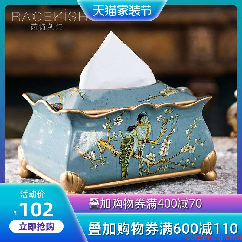 American pastoral ceramic tissue box European sitting room adornment is placed between example creative painting of flowers and tea table smoke box