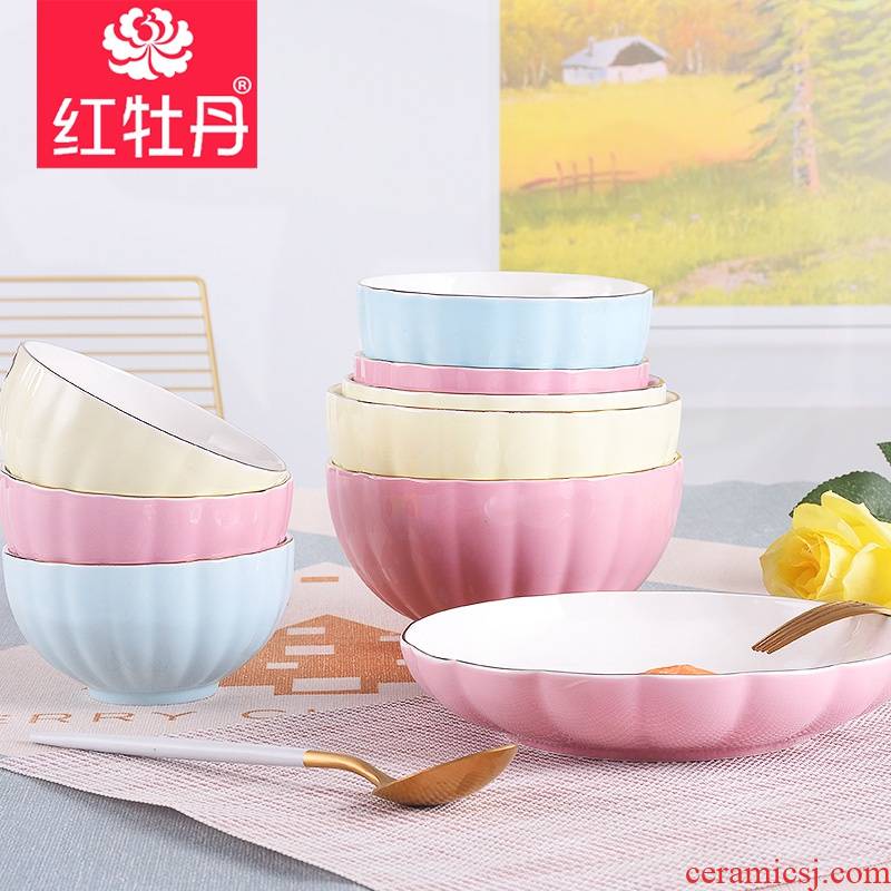 Red peony individual ceramic tableware rice bowls plates glaze color eat bowl pumpkin special - shaped plate always suit