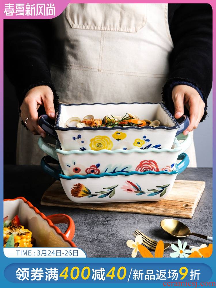 Selley creative vintage Japanese four seasons ears ceramic pan baked baked FanPan household rectangle cheese tray
