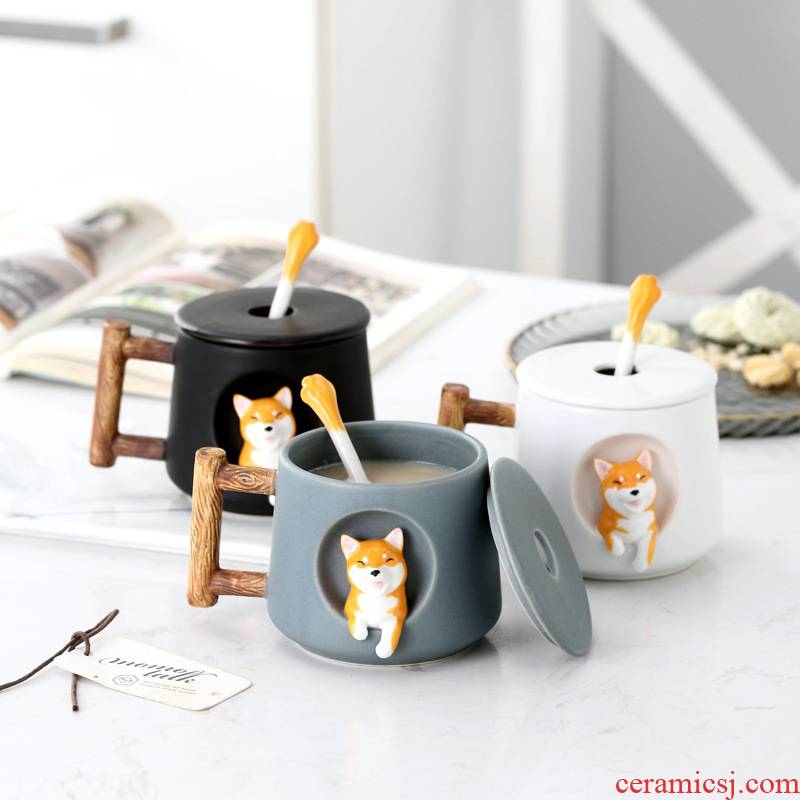Creative cartoon shiba inu ceramic keller cup couples a home office milk coffee spoon, cup with cover