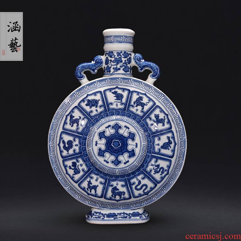 Jingdezhen blue and white Chinese zodiac hand - made ceramic dual ear vase furnishing articles of new Chinese style living room decoration