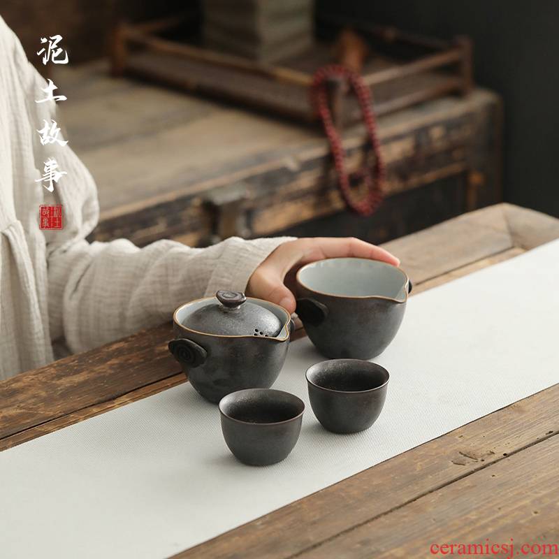 Soil travel story crack glass ceramic kung fu tea set a pot of two cups of tea portable travel