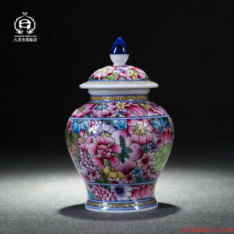 DH jingdezhen colored enamel jar airtight jar ceramic famille rose flower tea hand - made storage POTS, POTS