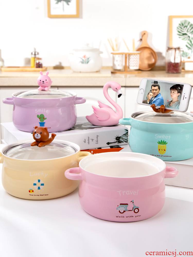 Mercifully rainbow such as bowl bowl with cover students dormitory express cartoon ears ceramic bowl bowl of instant noodles li riceses leave cup with cover