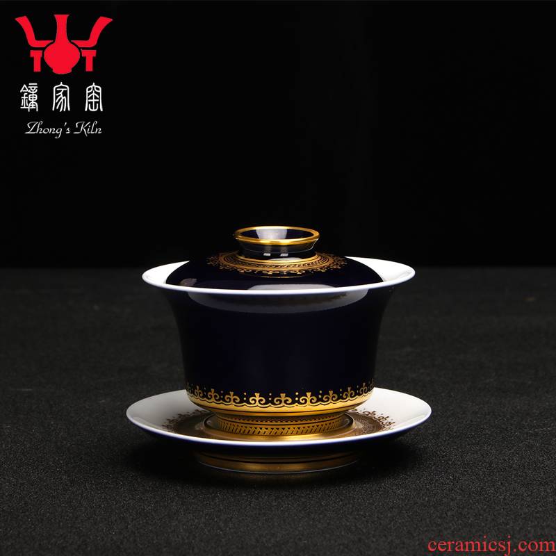 Clock home only three tureen jingdezhen ceramic up ji blue hand draw the see new one all hand kung fu tea tea bowl