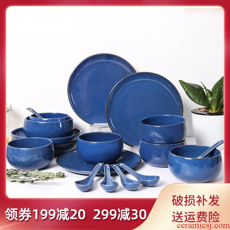 Blue rhyme ceramic tableware dishes suit feel 】 【 rice bowls 0 kitchen suite 20 pieces of the soup bowl