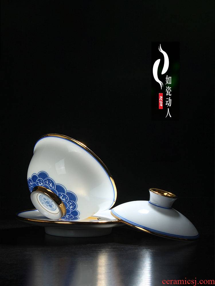 Dehua white porcelain kung fu tea cup set household contracted modern hand - made tureen suet jade ceramic teapot