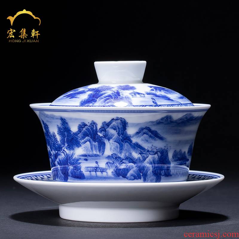 Tureen large cups of jingdezhen blue and white landscape ceramic hand - made only three Tureen tea bowl of kung fu tea set