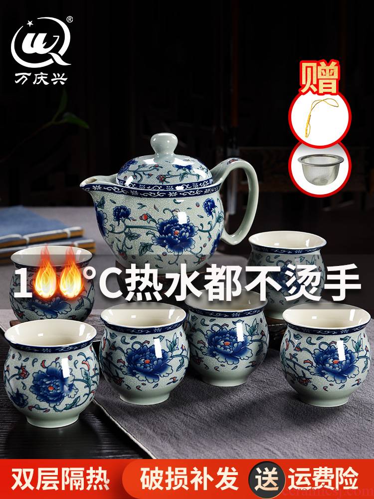 Hot ceramic tea set suit household double - layer cup kung fu tea sets Chinese blue and white porcelain cup teapot contracted