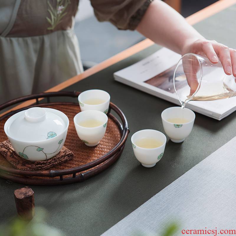 Good thing JingLan modern household white porcelain kung fu tea set suit hand - made hydrangea small sets of jingdezhen ceramics group