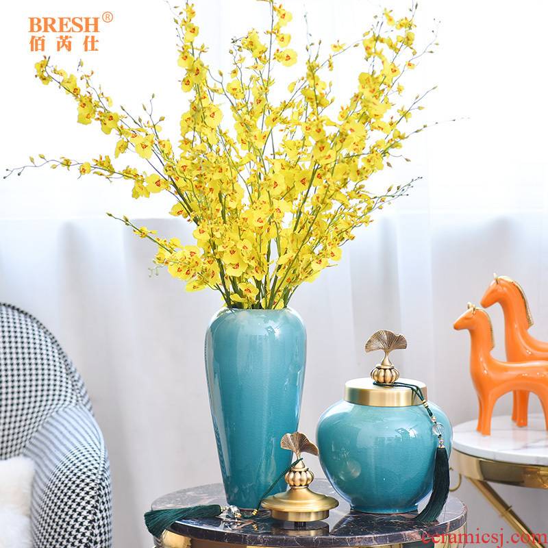 Light the key-2 luxury of modern ceramic vase furnishing articles pure copper cover sitting room suit of new Chinese style household decorates porch arranging flowers