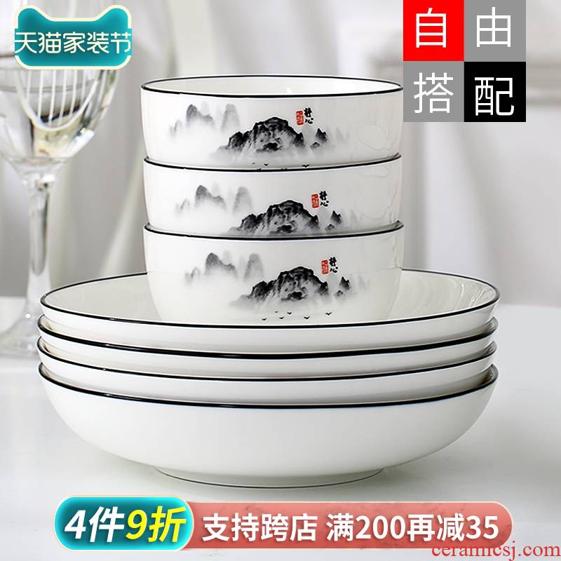 Bowl dish dish household ceramic plate of fish dishes of Chinese ink painting wind glair rice bowls large - sized thickening rainbow such use