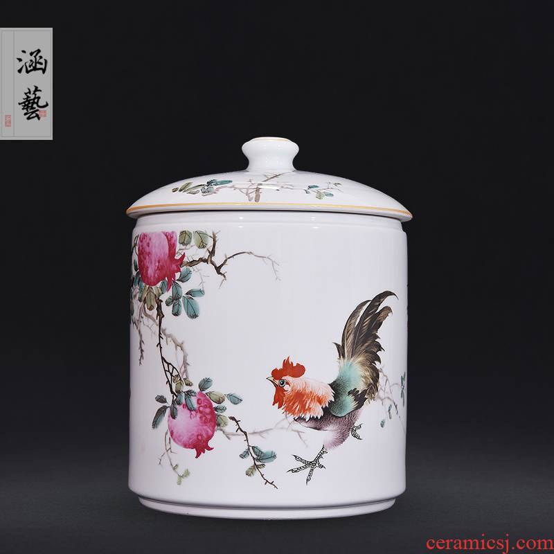 Jingdezhen ceramic famille rose straight canister pomegranate open auspicious caddy fixings Chinese sitting room of home decoration furnishing articles craft gift