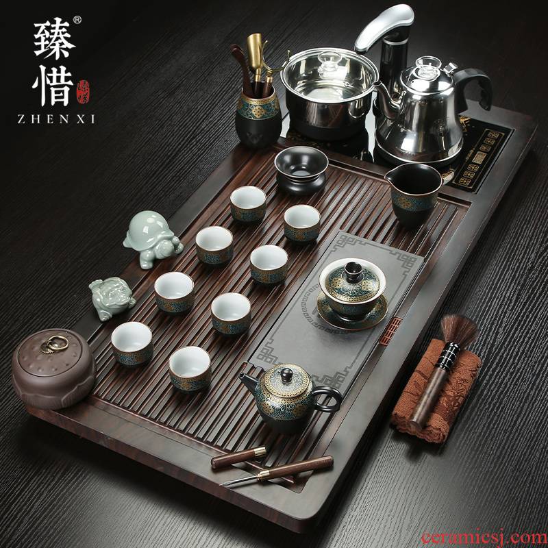 "Precious little tea set solid wood tea tray household contracted kung fu tea tea tea set ceramic cups electric magnetic furnace