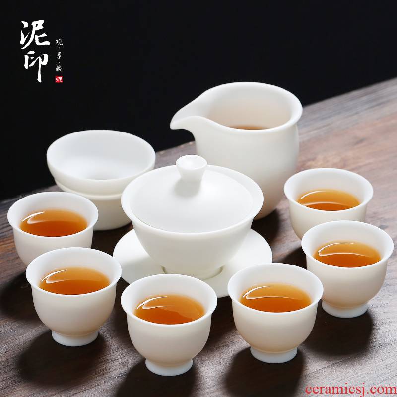 Dehua white porcelain clay seal kung fu tea set household contracted office China the white color suet jade gift boxes