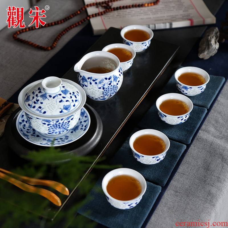 The View of song View song hand - sketching jingdezhen blue and white porcelain and exquisite ceramic hollow out kung fu tea tureen cups the whole outfit